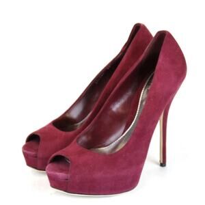 GUCCI Women's Suede Peep Toe Platform Pumps Size 37 Burgundy Stiletto Heel